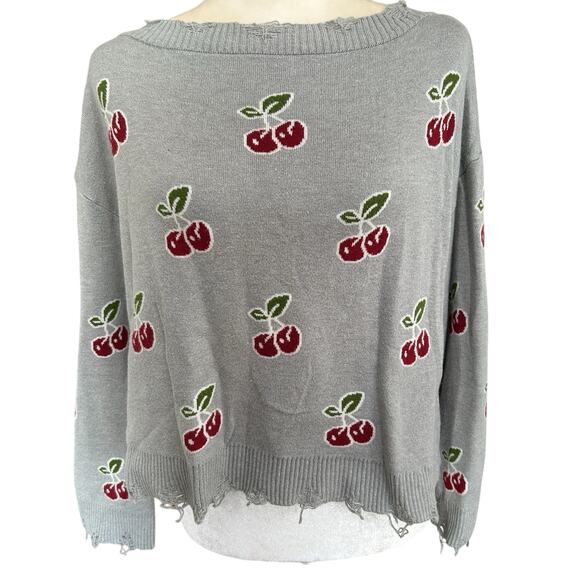 Cherry Sweater Knit Thrashed Womens Medium Grey Red V Back Grunge Cozy Punk - Picture 1 of 11